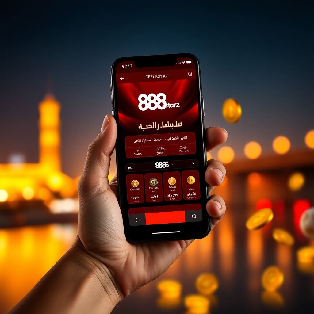 A hand holding a luxury smartphone displaying the official 888starz Egypt app with a sleek red and black interface in Arabic, background is the Cairo Tower and the Nile River at night with vibrant golden and red bokeh lights, 3D golden coins and a soccer 